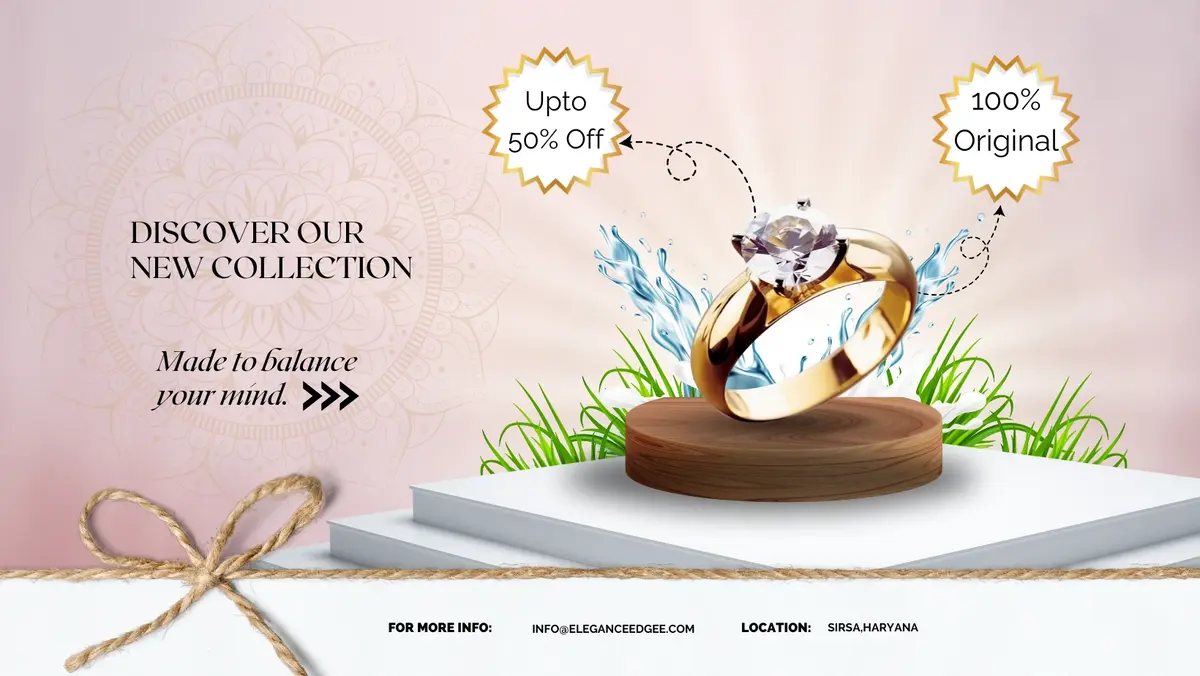 Advertisement image showcasing a stunning gold ring with a large gemstone, elegantly placed on a wooden stand. Discover our new jewelry collection with exclusive discounts! Redefine elegance with the ease of online artificial jewellery shopping
